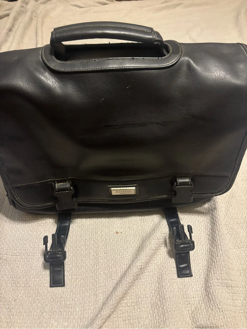 Rosetti Black Leather Messenger Briefcase with Buckle Accents